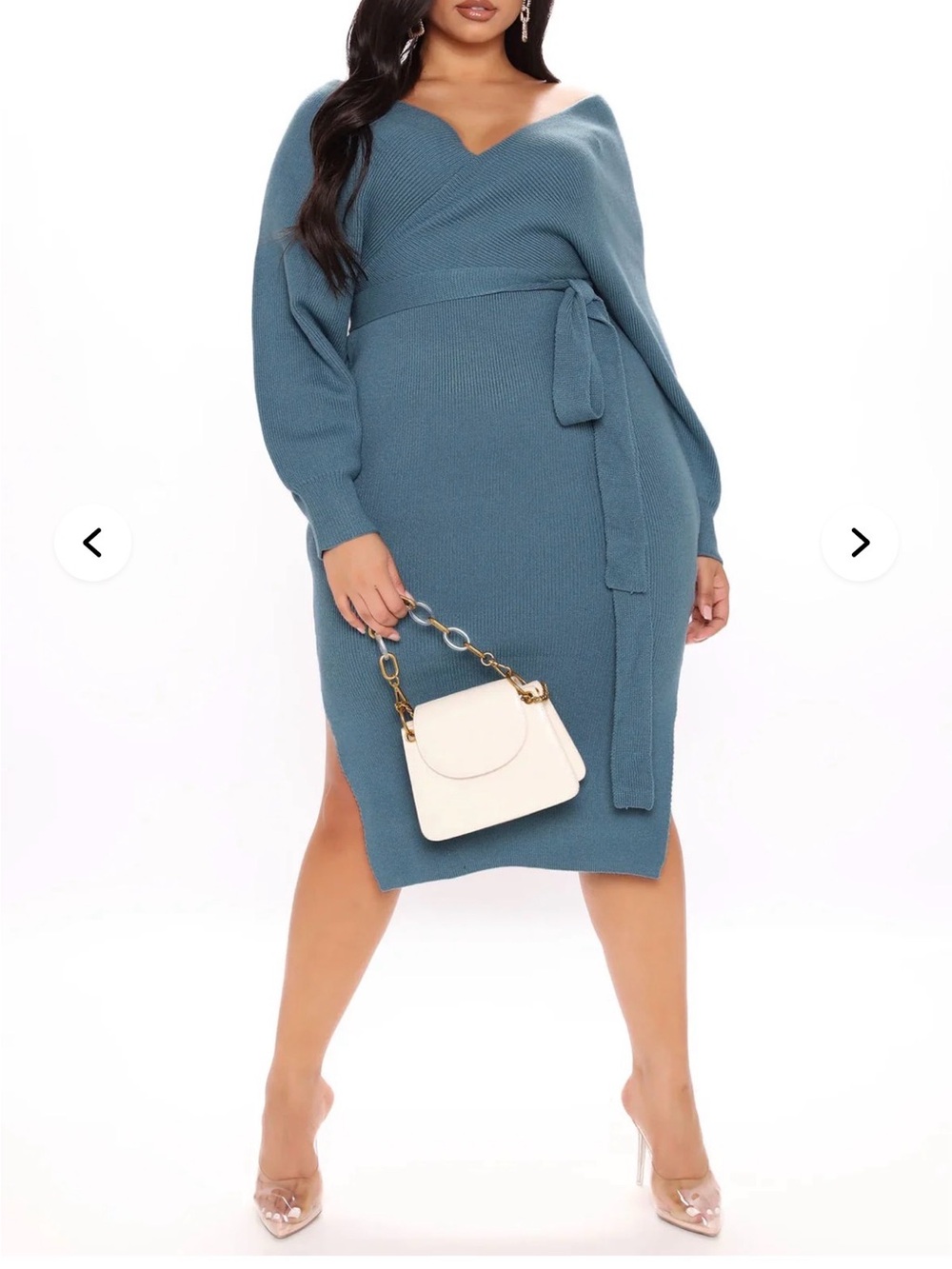 V-Neck Belted Knit Midi Dress in Teal Blue